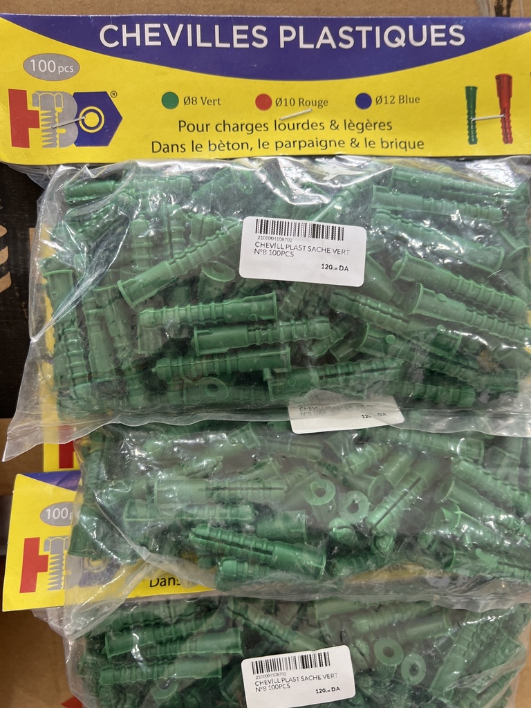 CHEVILLE PLAST SACHE VERT N8 100PCS